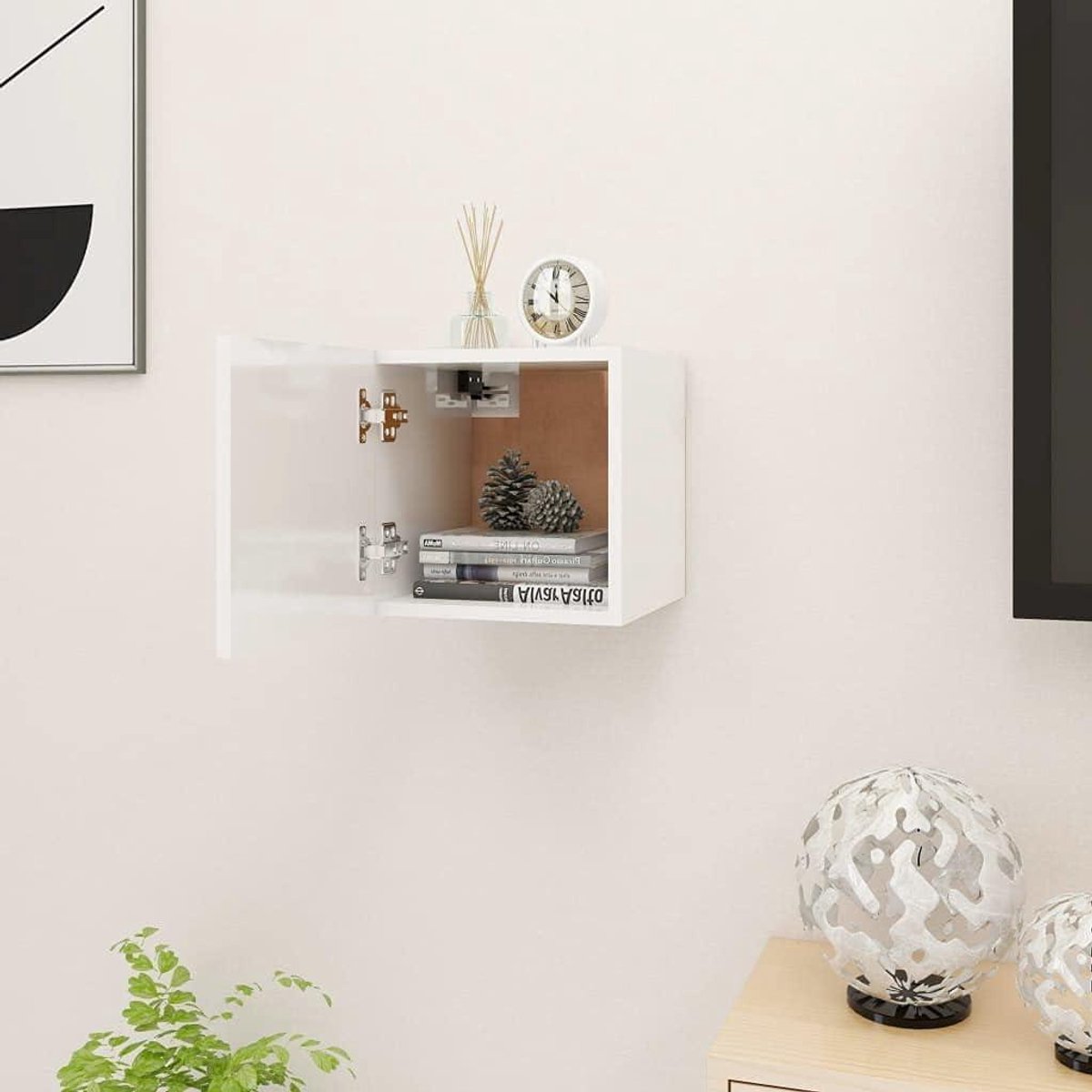 Wandmontage TV-meubel - TV Kast - Opbergen Entertainment - Hoogglans Afwerking - 30x30x30 cm - Wit