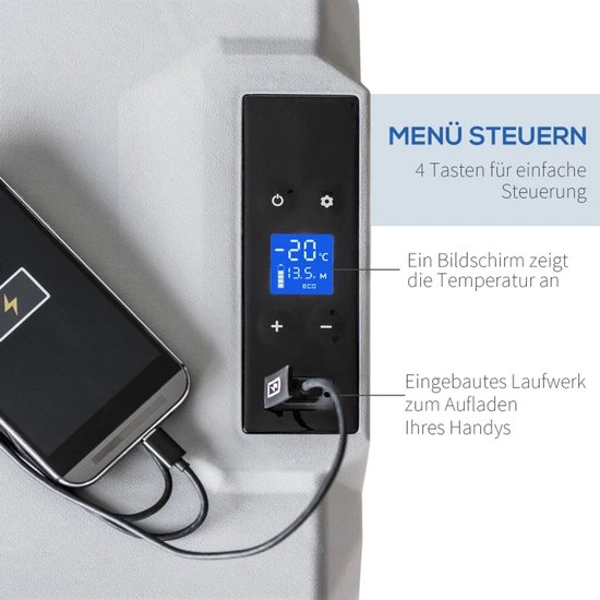 Compressor Koelbox - 50 L - tot -20°C - Koelkast - Autokoelkast - Koeler met Touchscreen, 2 Wielen, Telescopische Handgreep - AC/DC - 12V-24V/110-220V - Voor auto en huis - Outdoor camping benodigdheden - Grijs van ZYLARO — afbeelding 5