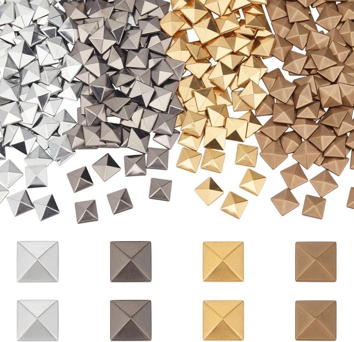 320 Stuks 4 Kleuren Piramide Nieten met Platte Achterkant voor Kleding, Tassen en Schoenen Decoratie - 10x10mm Hotfix Rivets