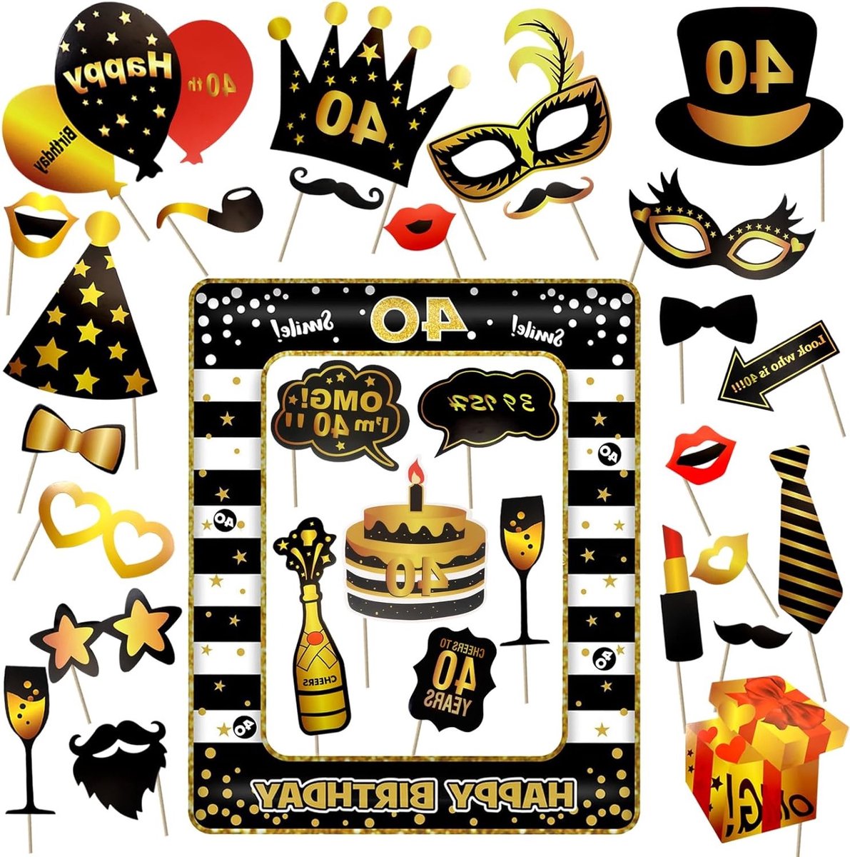 31 Pcs Foto Booth Props voor 40e Verjaardag met Opblaasbare Fotolijst, Grappige Accessoires en DIY Decoratie voor een Feestelijke Verjaardagsfotografie