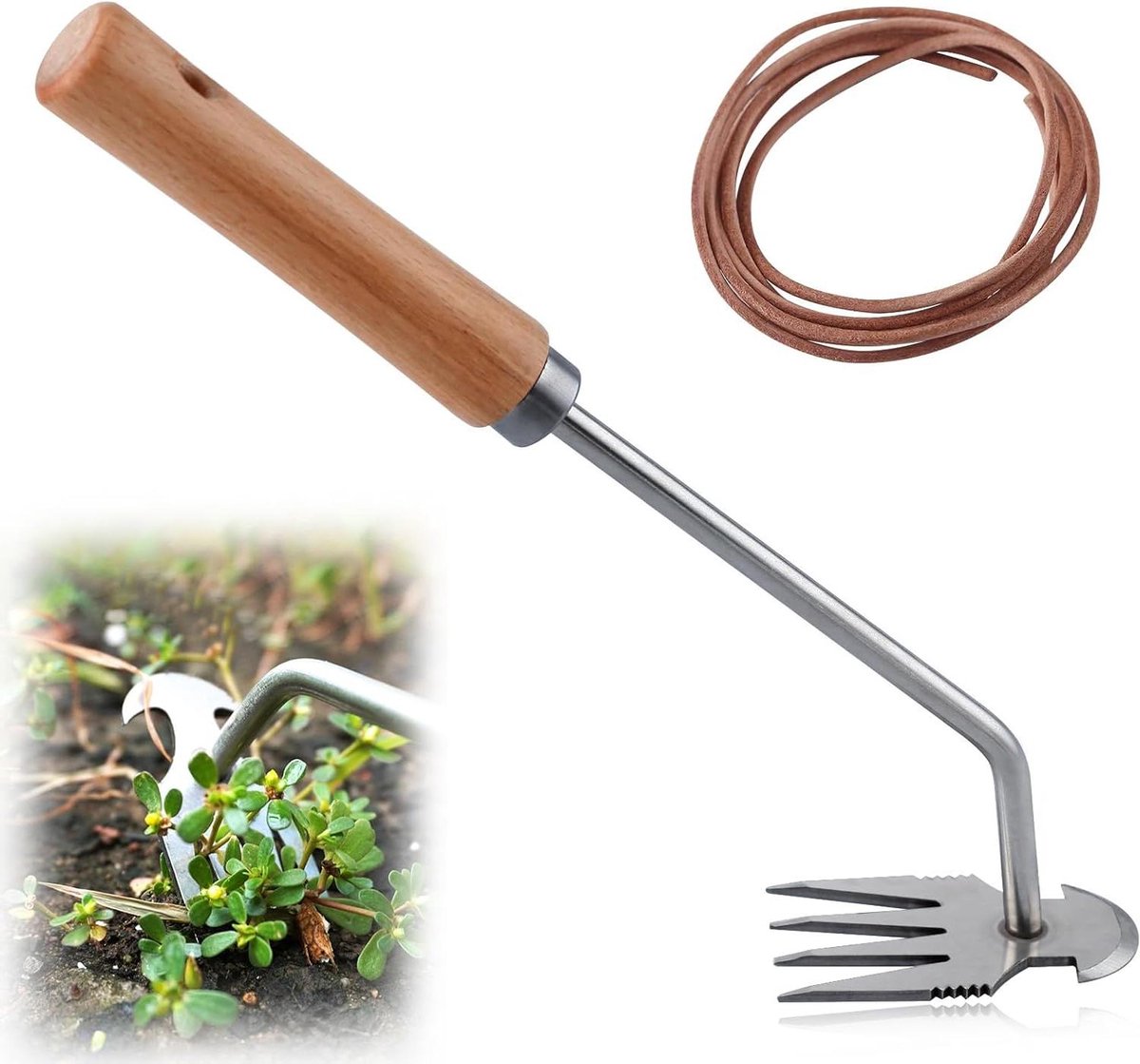 Onkruid Wieden Tool - Wiedgereedschap Tuin - Onkruid Verwijderen - Viertandig Ontwerp - 32 x 8 x 4 cm - Houtkleur