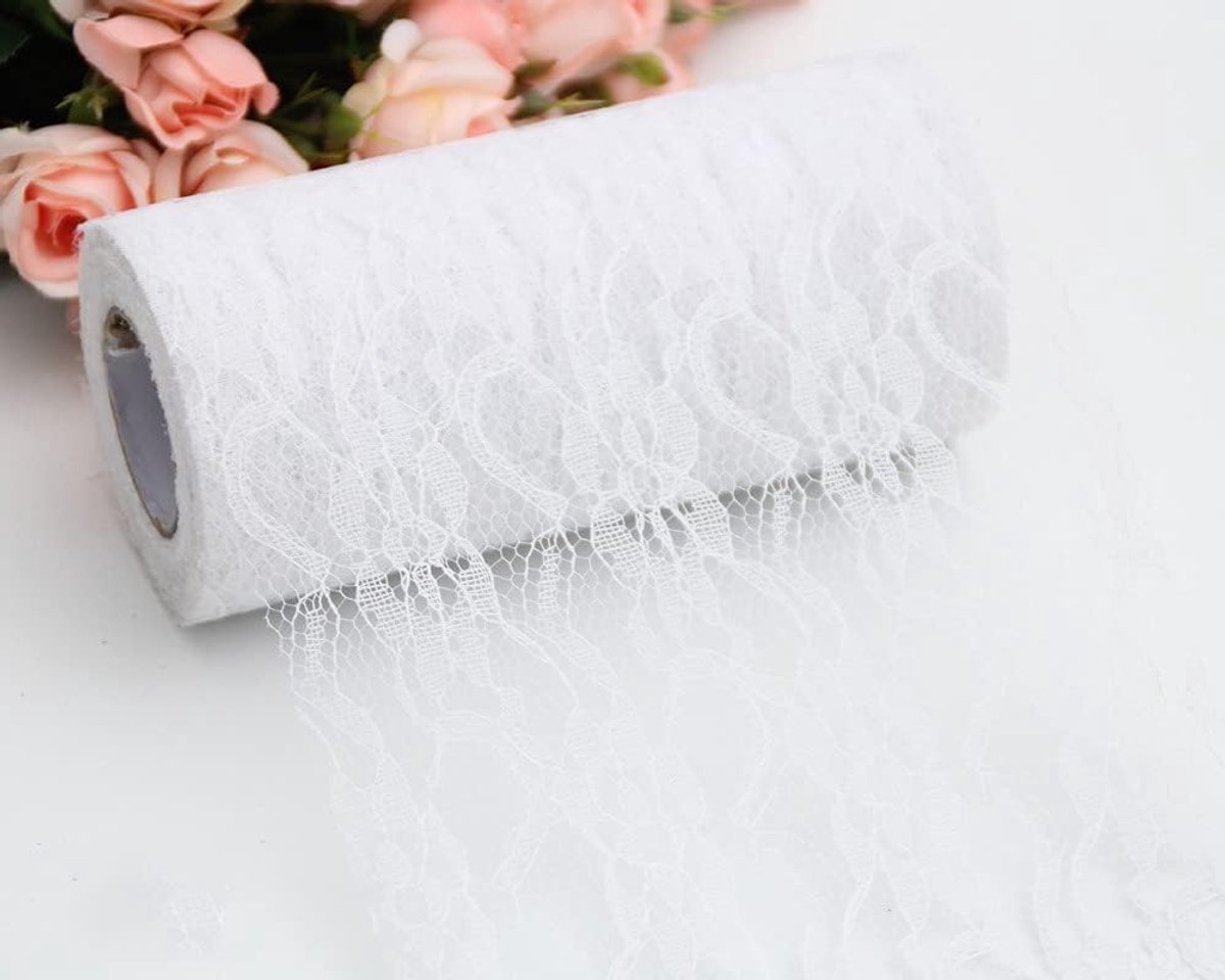 Lange Witte Kant Tafelrunner voor Bruiloft, Verjaardag en Babyshower - 15 cm x 22 m, Elegante Tafeldecoratie voor Feestjes en Speciale Gelegenheden