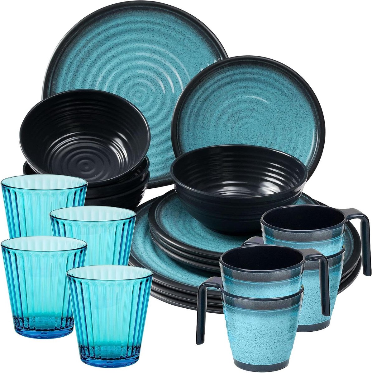 Servies Set - Borden en Glazen - Kamperen en Buiten - Onbreekbaar Melamine - 20 Delen - Blauw