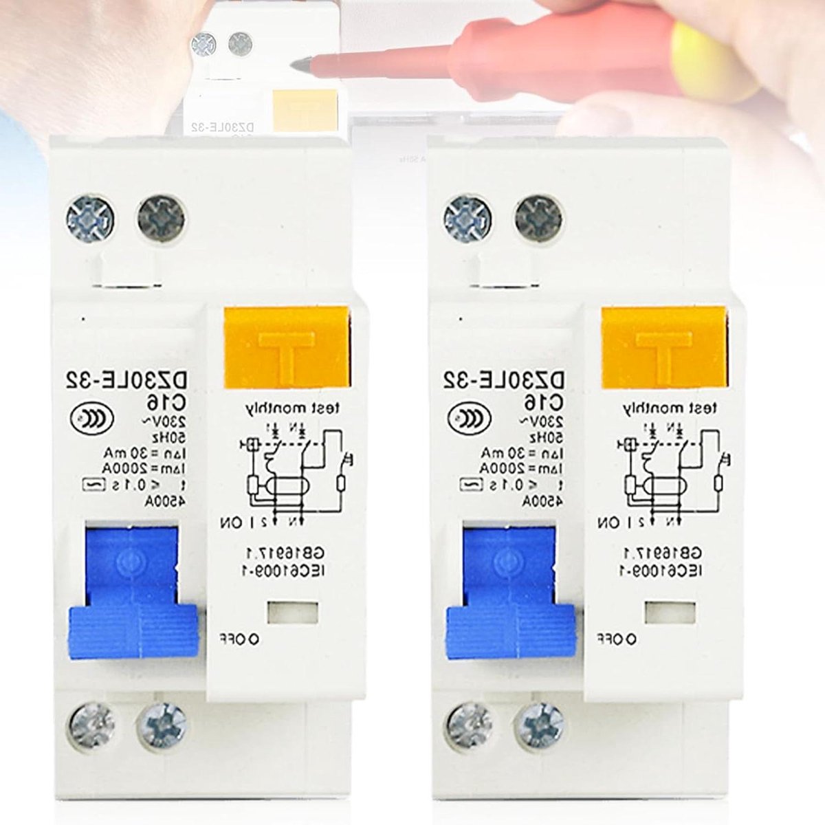 FI Beveiligingsschakelaar - Aardlekschakelaar Overstroom - Bescherming Elektrische Circuits - Automatische Uitschakeling - 2 Stuks - Grijs