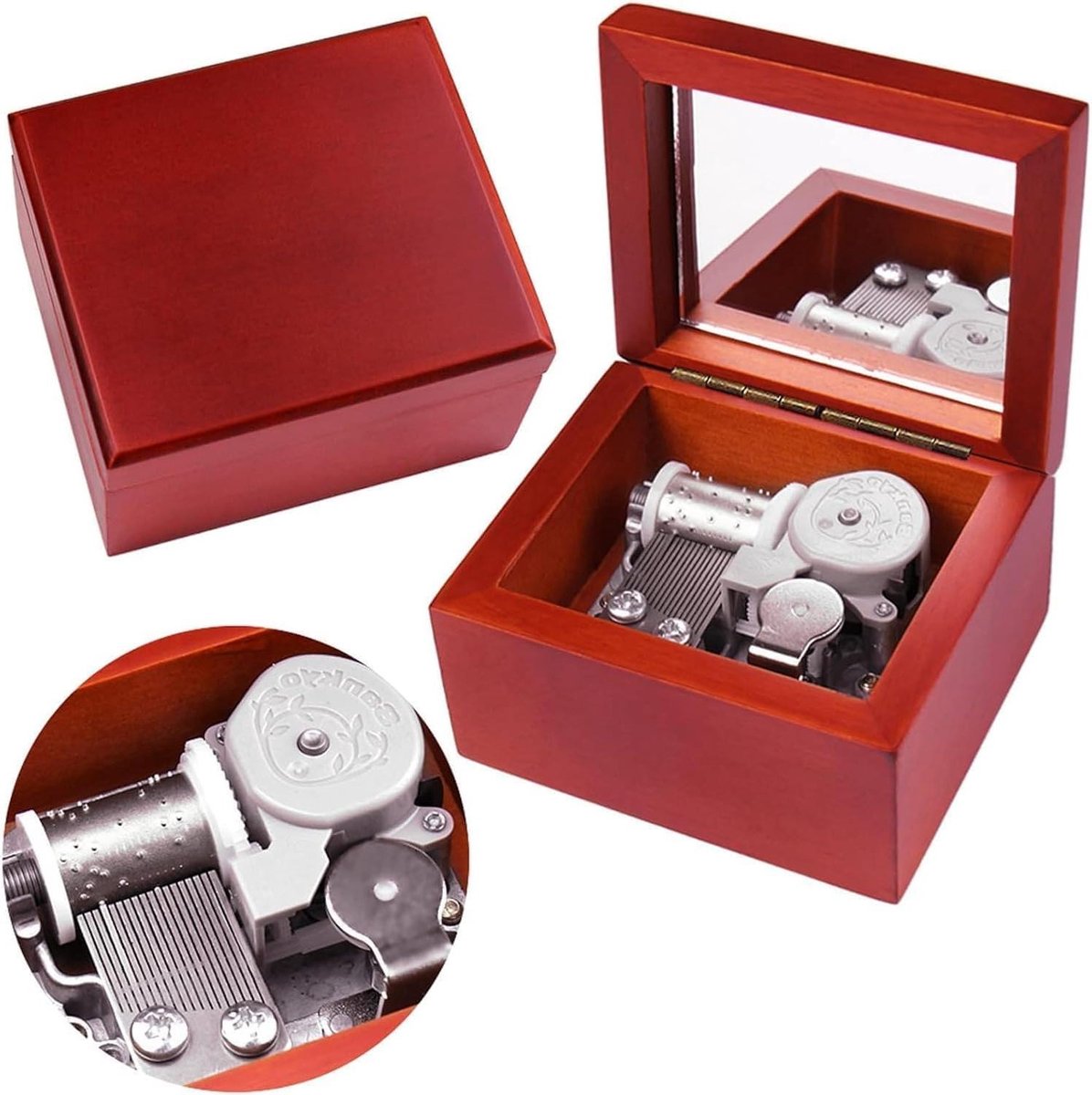 Muziekdoos Hout - Speeldoos Melodie - Muziek Afspelen - Met Spiegel - 7.6 x 6.6 x 4.8 cm - Rood