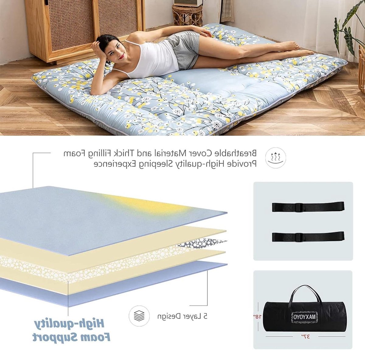 Vloermatras - Japanse futon - Comfortabel slapen - Hoge dichtheid schuim - Twin 99x203 cm - Kleine bloemen