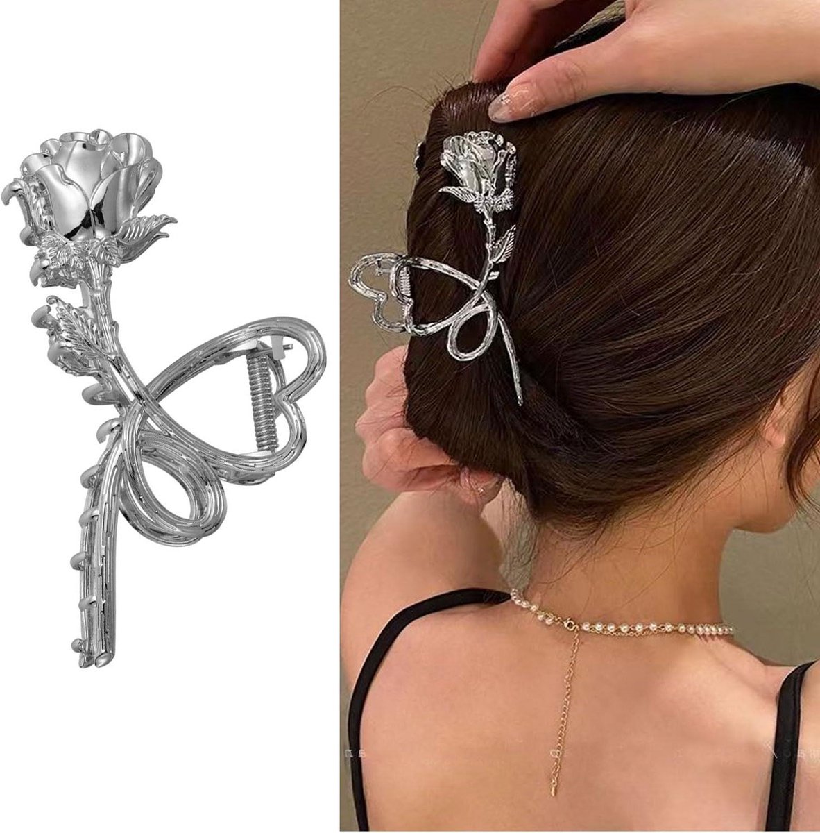 Metalen Haarclip - Bloem Klip - Haar Stijlen - Elegante Roos Design - 4.3 inch - Zilver