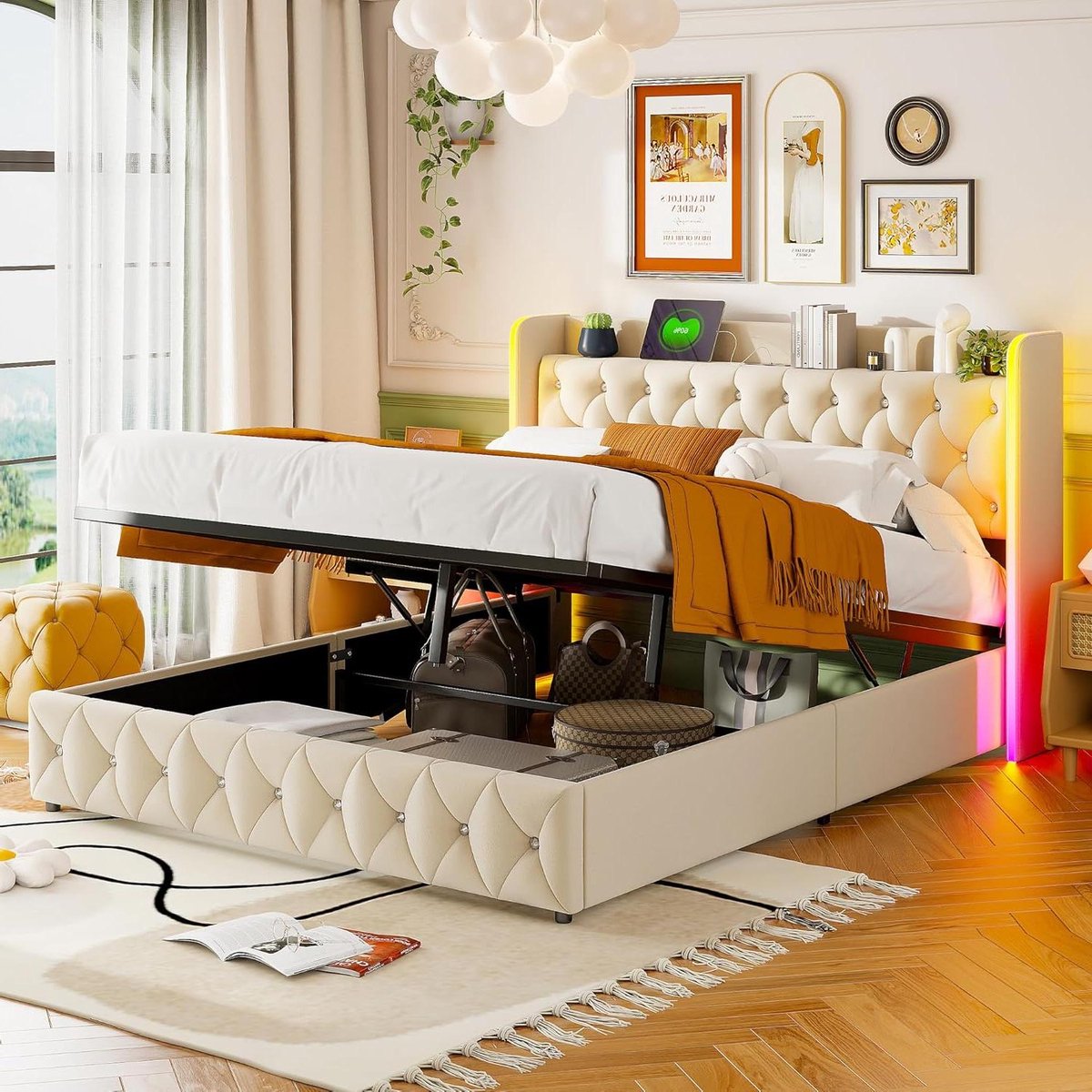 Gestoffeerd Bed - Fluwelen Bedframe - Slaapkamer Inrichten - Met Gaslift en LED - 160x200 cm - Beige