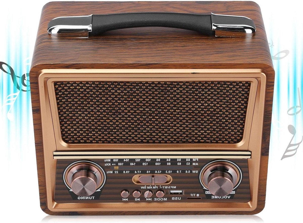 Draagbare Radio - Houten Radio Bluetooth - Muziek Luisteren - 3-Bands Ontvangst - 1200 MAh Batterij - Houtkleur