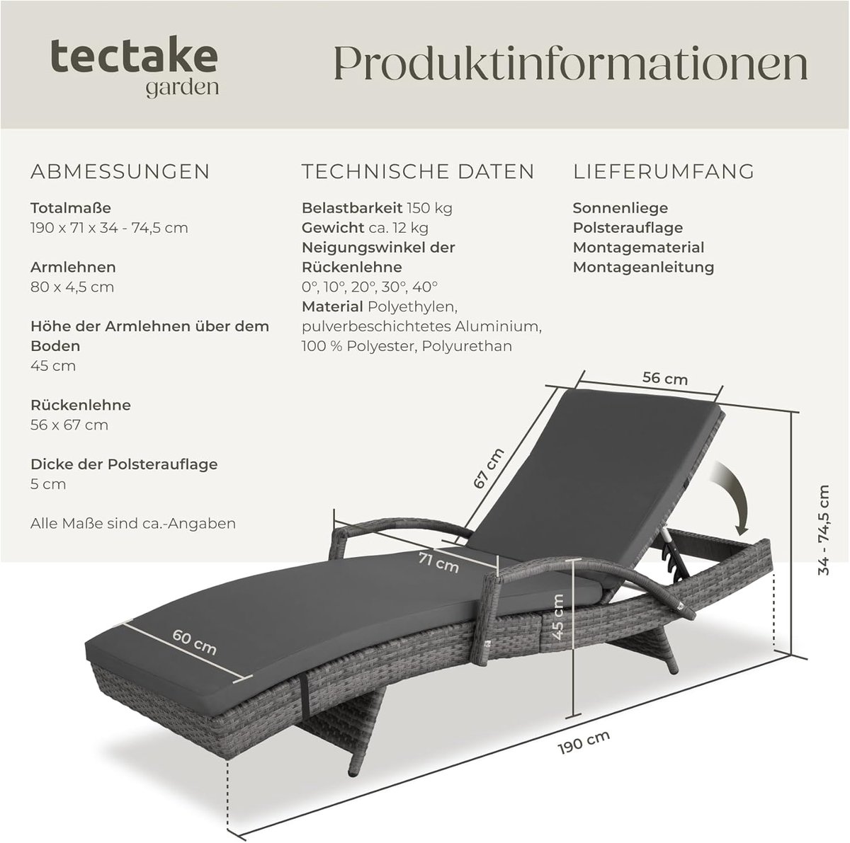 Rieten zonnestoel ligstoel aluminium 190 x 71 x 74,5 cm – 5-voudig verstelbare rugleuning, weerbestendig polyrotan, luxe tuin ligbed met kussen voor tuin, balkon en terras – Nicolehome