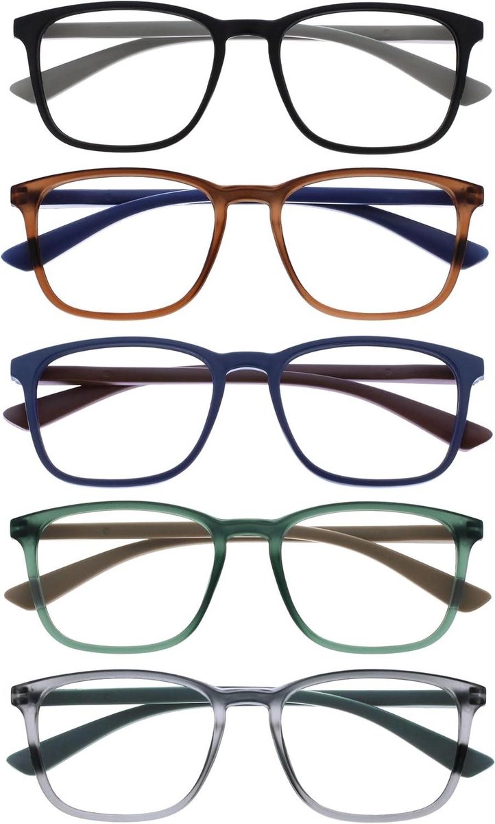 Leesbrillen 5 Pack - Leesglazen Brillenglazen - Zicht Verbeteren - Veerscharnieren Lichtgewicht - +1.50 - Mat Zwart Bruin Blauw