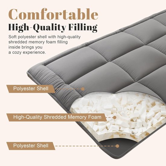 Japanse Vloermatras - Futonmatras Tatami - Comfortabel Slapen - Versnipperd Traagschuim - Full 3 inch - Grijs van Merkloos — afbeelding 5