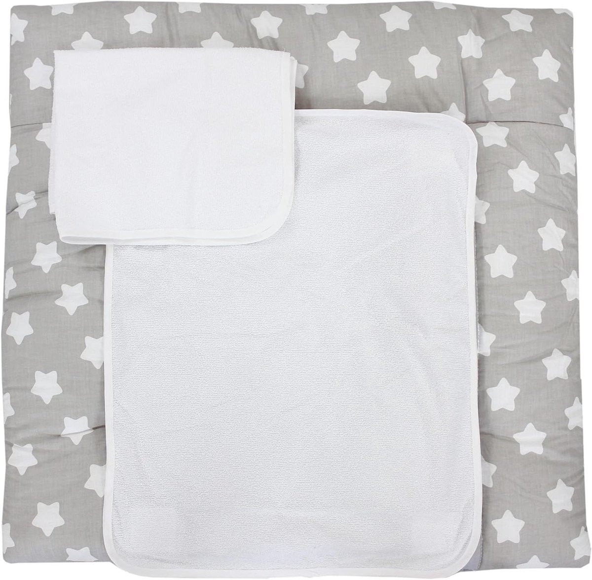 Baby Verschoonmat - Commode mat - Baby Verzorgen - Inclusief 2 badstof hoezen - 75 x 80 cm - Grijze sterren