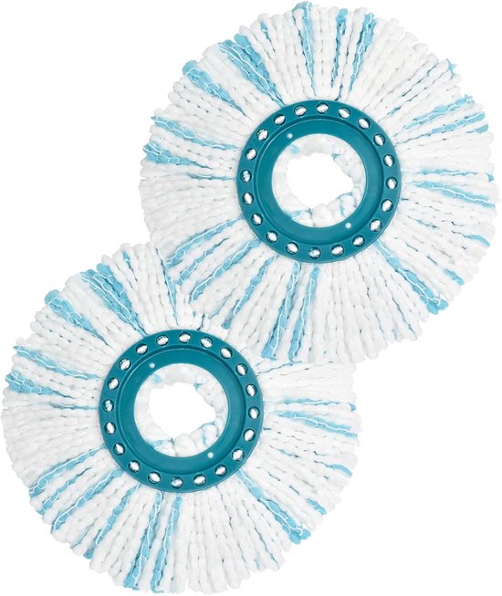 Deux têtes de balai rondes bleues et blanches, chacune avec un trou central.