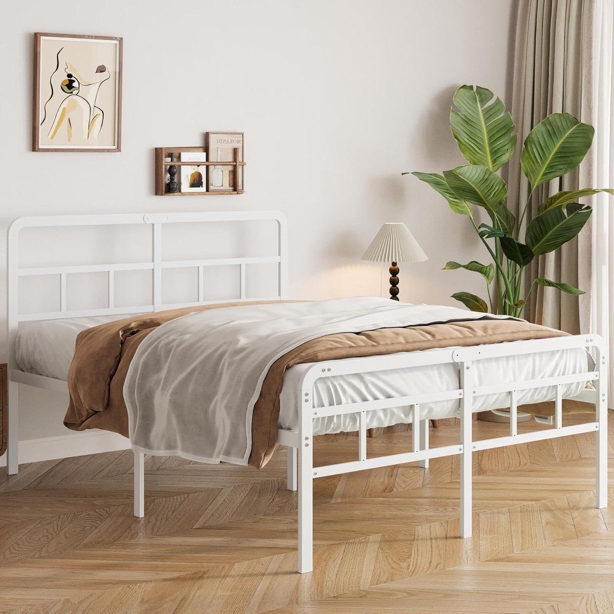 Bedframe met Hoofdbord - Tweepersoonsbed Frame - Slaapkamer Inrichten - Geluidsarme Poten - 160 x 190 cm - Wit