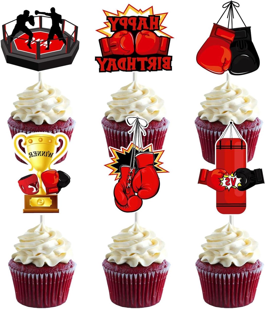 Verjaardagsversiering voor Bokspartij - 36 Stuks Rode Taarttopper voor Sportfeest, Worstelen en Babyshower 1e, 2e, 3e Verjaardag