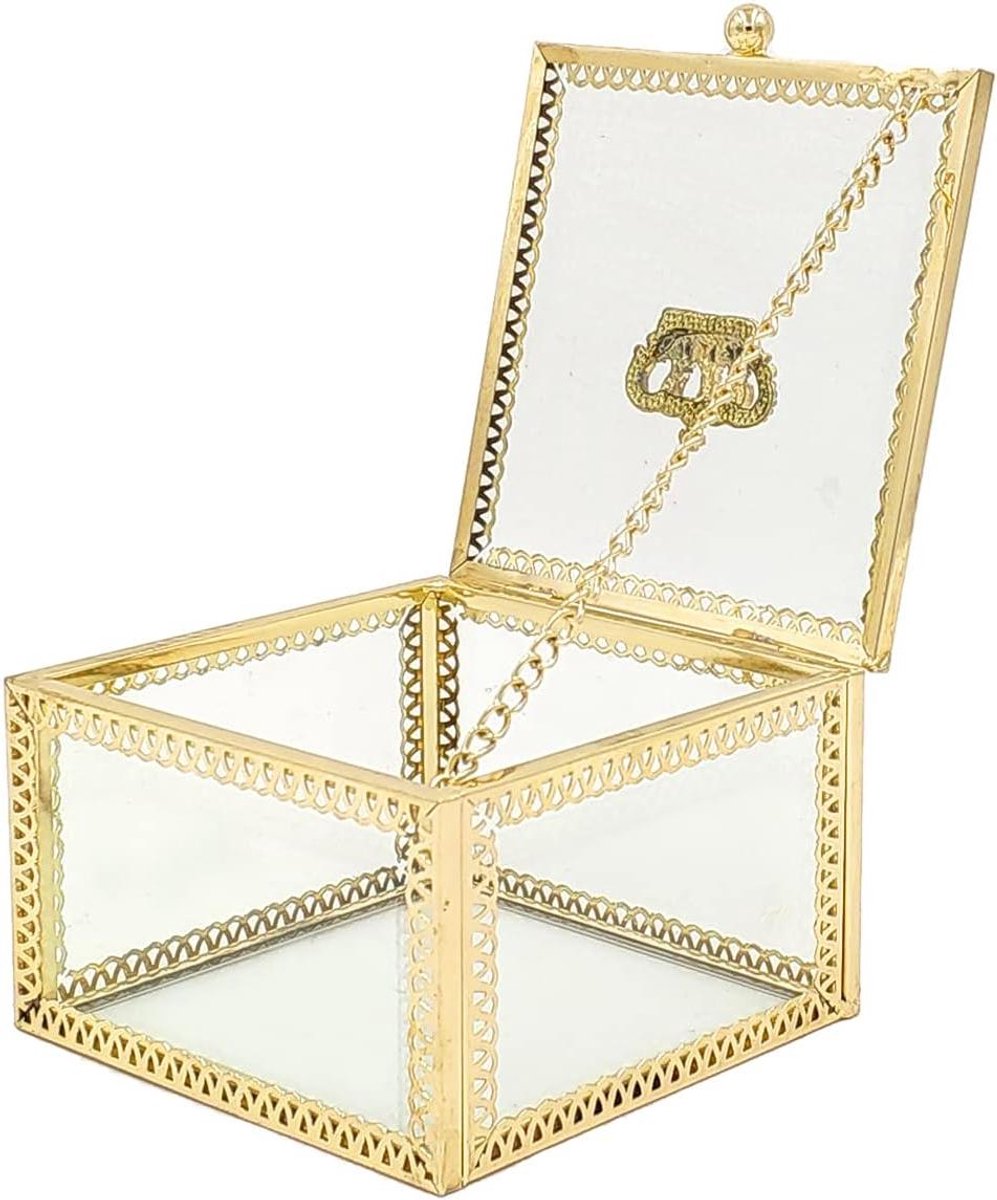 Glazen Sieradenkistje - Make-up Doosje - Sieraden Opbergen - Spiegel Bodem Kroon - Vierkant - Goud