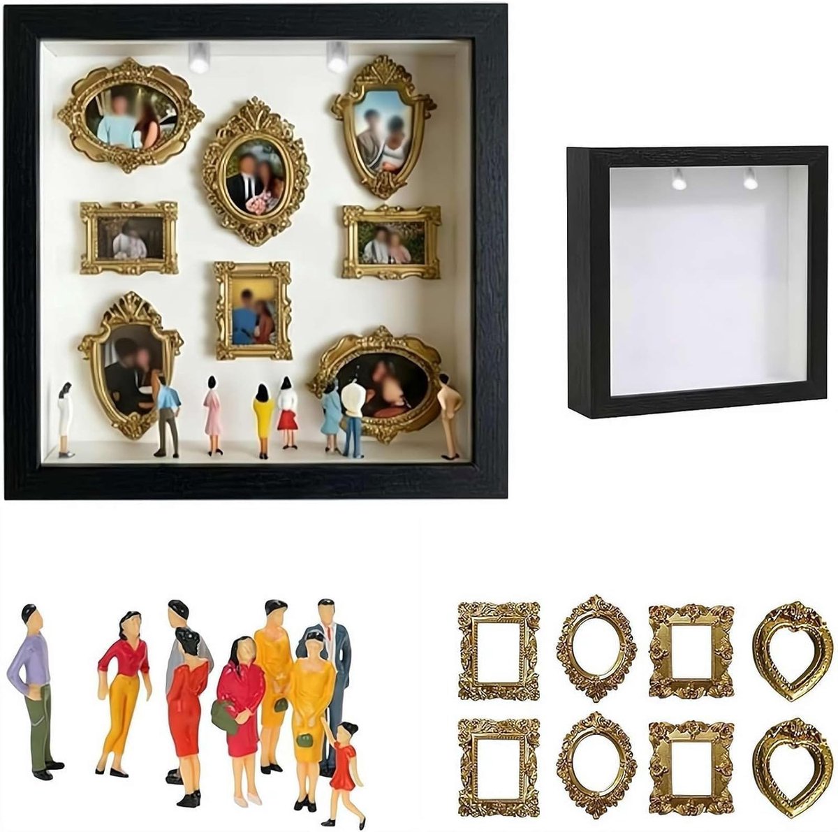 DIY Mini Museum Set - Miniaturen Figuren en Lijst - 1 Stuk 25x25 cm - Met LED Verlichting en Vintage Design - Voor Huwelijk en Jubileum Cadeau - Zwart met Gouden Accenten