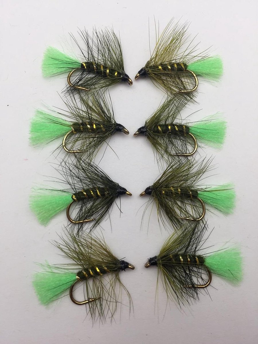 Natte Vliegen - Vliegvis Set - Vliegvissen Seatrout - Fluo Staart - Maat 10/12 8 Stuks - Olijf