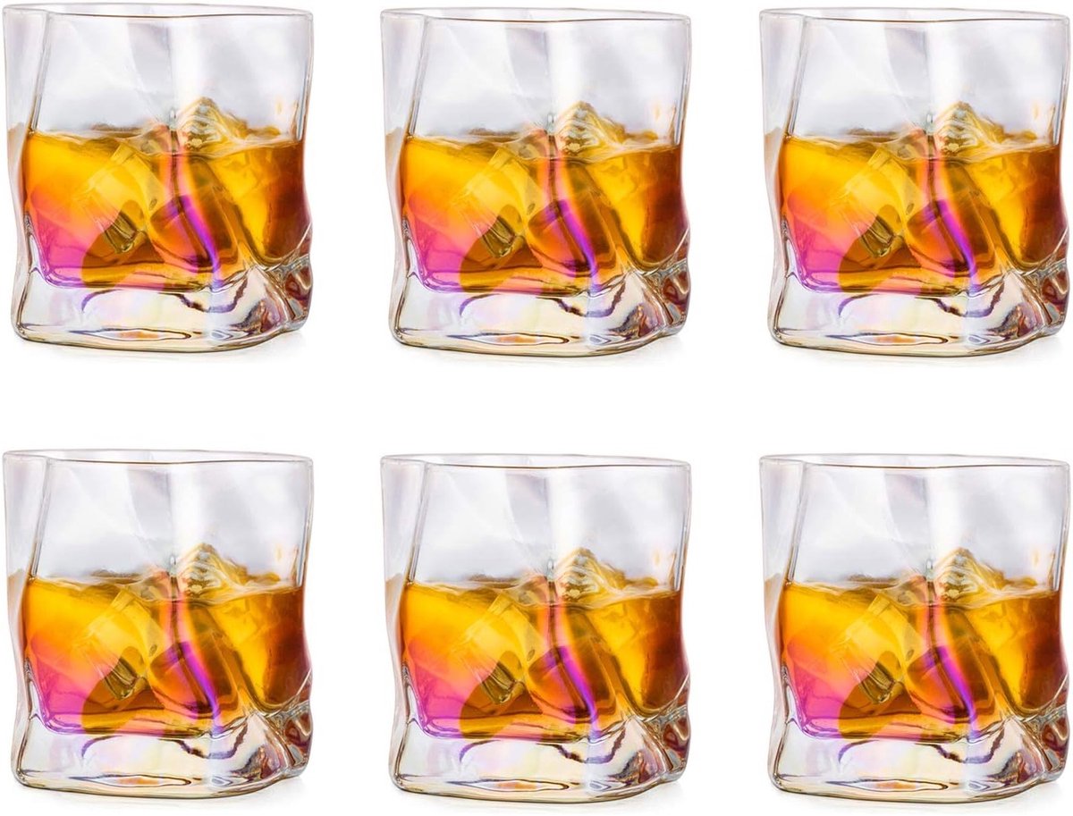 Set van 6 Onregelmatige Whisky Glazen - Perfect Cadeau voor Mannen, Tumbler Glazen voor Whisky, Rum en Bourbon op Verjaardag, Vaderdag of Pensioen