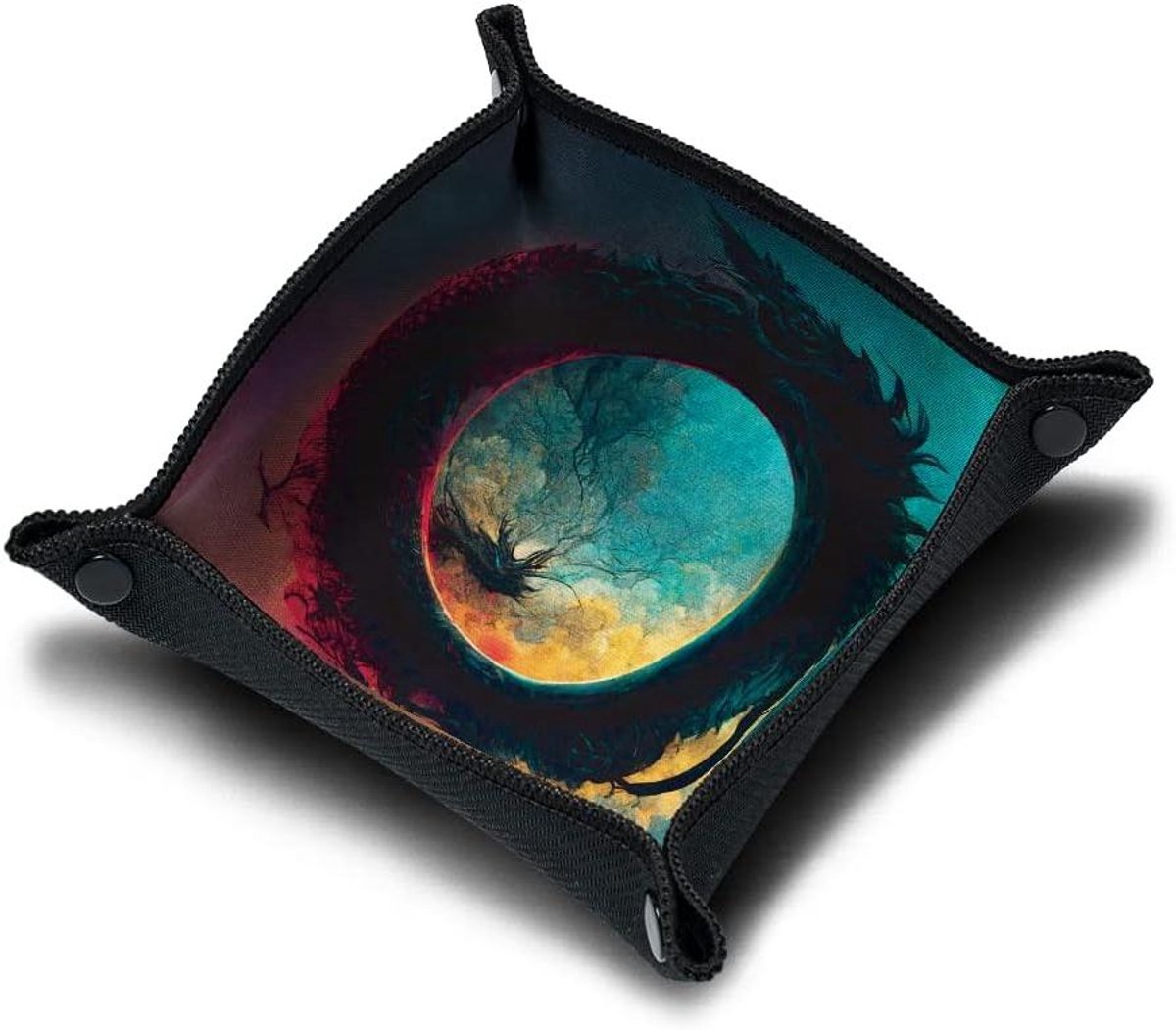 Dobbelsteenbak - Kubus dienblad - Spellen spelen - Inklapbaar en draagbaar - 21 x 21 cm - Bedrukt met draak
