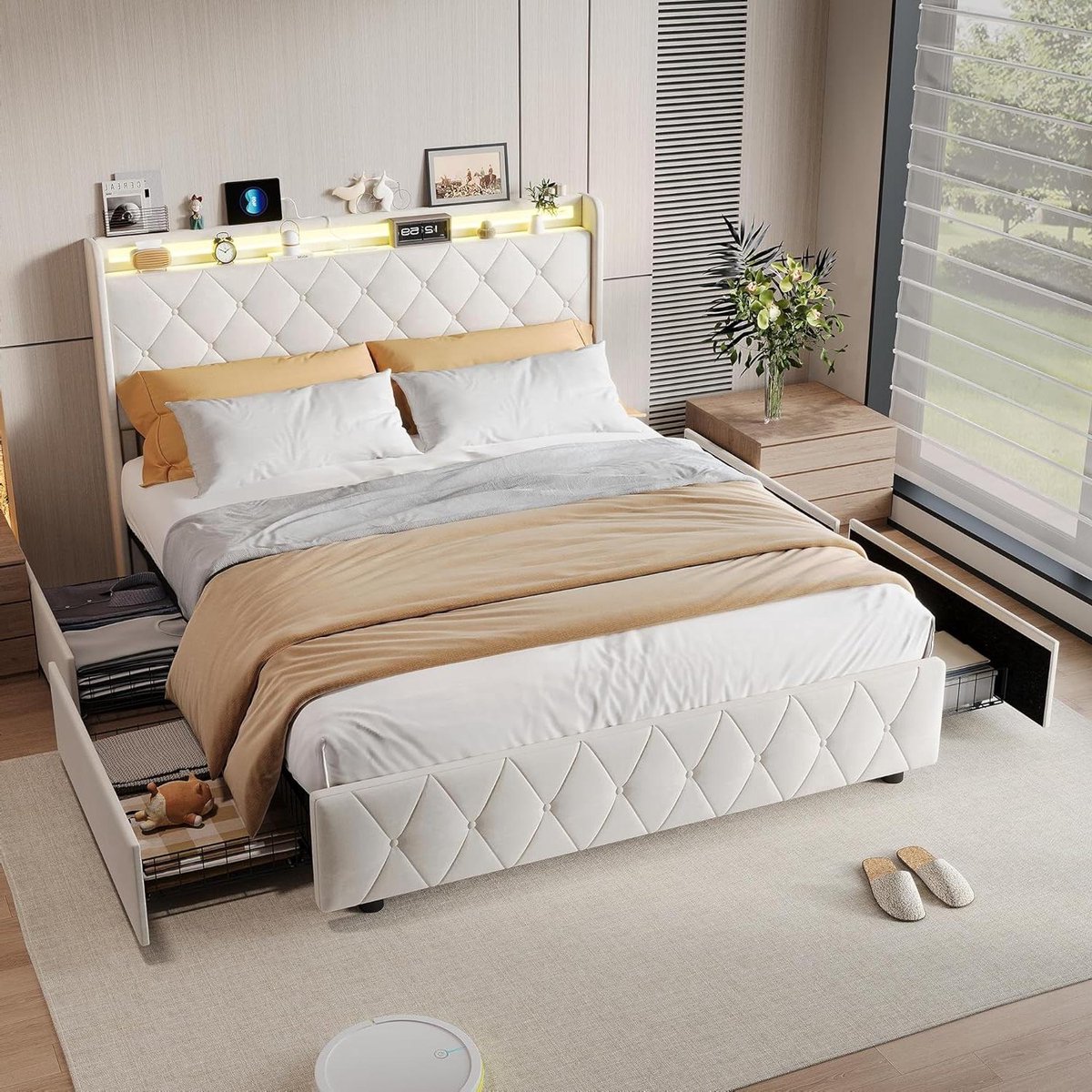 Gestoffeerd Bed - Opbergbed Bedframe - Slaapkamer Organiseren - Met LED en USB - 160x200 cm - Beige
