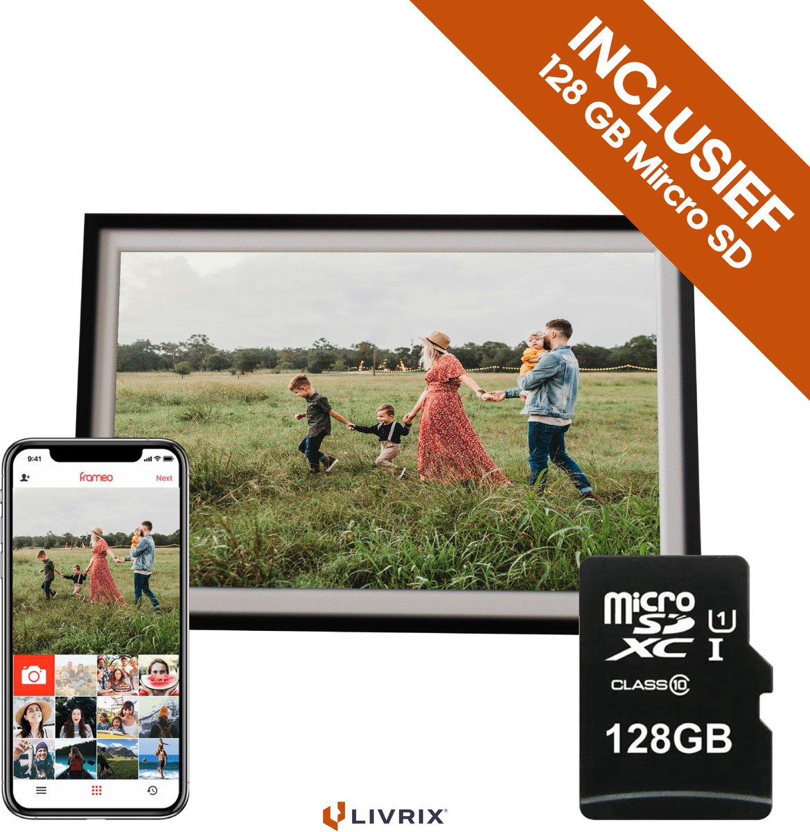 Digitale Fotolijst met WIFI en Frameo App - Inclusief 128GB SD Kaart - 10.1 inch - HD+ -IPS Display - Zwart/wit - 3 Dimfuncties - Horizontaal & Verticaal