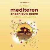 Luisterboek 'mediteren onder jouw boom' met Ina Fidder. Illustratie van een boom in een cirkel met vlinders en bloemen.