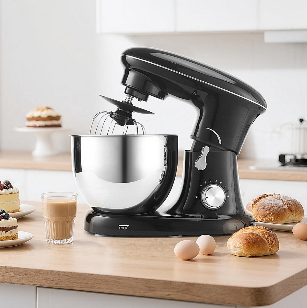 NETTLIFE Keukenmachine – 1400W – 5L Rührschüssel – met Knethaken Rührbesen Schneebesen – Voor Brot Pizzateig Kuchen Sahne – Zwart