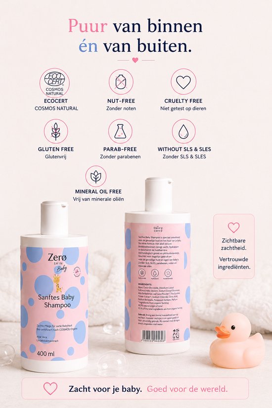Zero Skin Baby Shampoo – Zachte Reiniging voor Gevoelige Babyhuid & Haar – Aloë Vera & Lindebloemextract – Traanvrij & pH-Neutraal – ECOCERT COSMOS Organic – 400ml