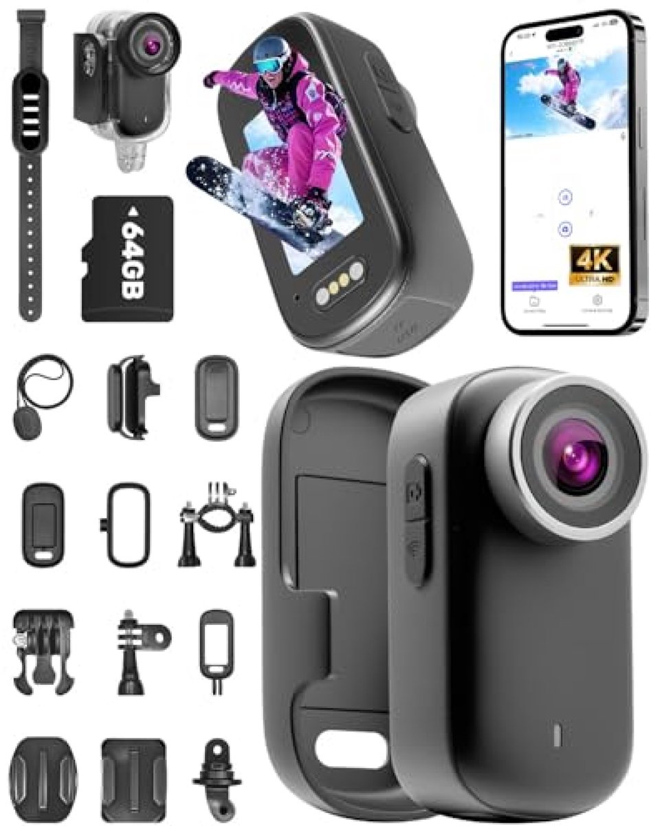 Mini Actiecamera 4K Waterdicht met 64GB Kaart Groothoek Vlogcamera