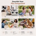 Collage van mensen die een beige koeltas gebruiken voor werk, picknicks, reizen en kamperen.