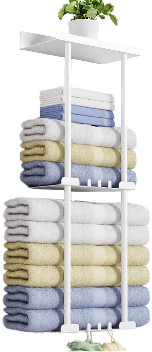 Handdoekrek Zonder Boren - Handdoekrek badkamer met 6 Haken - Badkamer Rek 3-Laags - Wandrek Badkamer Zelfklevend - Roestbestendig Handdoekhouder voor Badkamer en Keuken - Wit - 80x15,5x30 cm