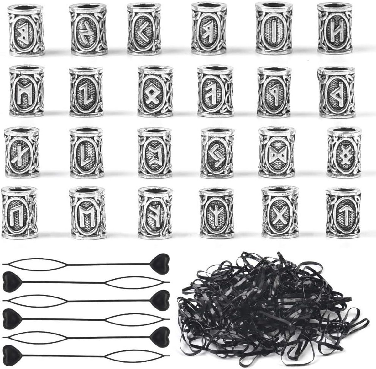 24 Stuks Haar- en Baardkralen Rune Kralen voor Vlechten, Nordic Viking Stijl met Snelle Haarklemmen en Zwarte Rubber Bands voor Armbanden en Kettingen