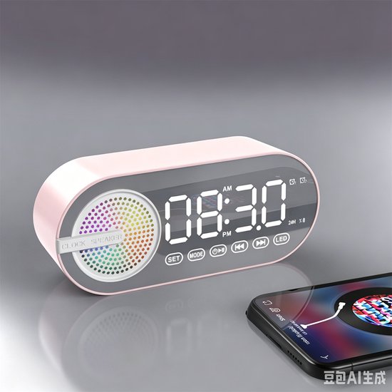 Draadloze Bluetooth speaker met wekker, FM-radio, RGB-verlichting, spiegelscherm, USB-oplaadbaar, draagbaar, roze