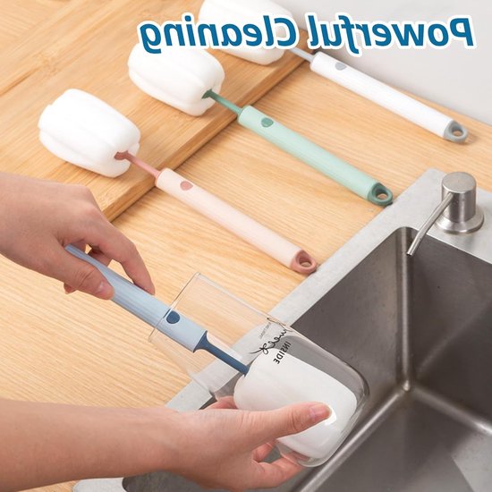 Set van 4 Schoonmaakborstels voor Flessen, Glazen en Bekers - Inclusief Spons en Handvat voor Efficiënte Reiniging van Babyflessen, Thermosflessen en Theepotten — afbeelding 3
