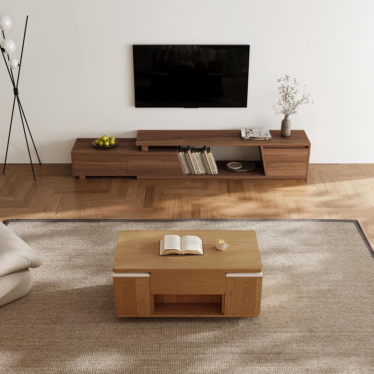 In Hoogte Verstelbare Salontafel 3-in-1 - House&Garden LiftPro Luxe Woonkamertafel met Opbergruimte, 4 Krukken en Wielen - Multifunctionele Eettafel & Werktafel 100x50 cm - Naturel Modern Design
