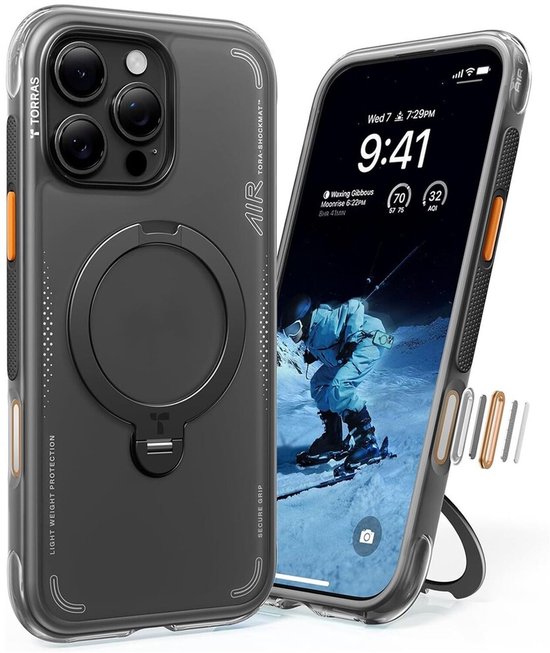iPhone 16 Pro Max hoesje met MagSafe, Qi2, 360° draaibare standaard, militair airbag bescherming zwart