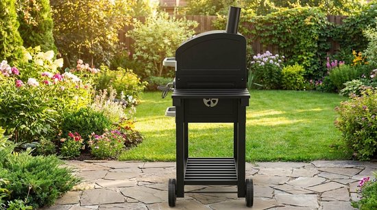 Houtskool BBQ Grillwagen XXL - Staande Barbecue met Deksel & Thermometer, 2-in-1 Grill & Smoker, In Hoogte Verstelbare Kolenbak, Gietijzeren Rooster, Warmhoudrooster, Zijtafels & Accessoires - House&Garden Pro BBQ Station XXL - 153x73x137 cm (Zwart) — afbeelding 2