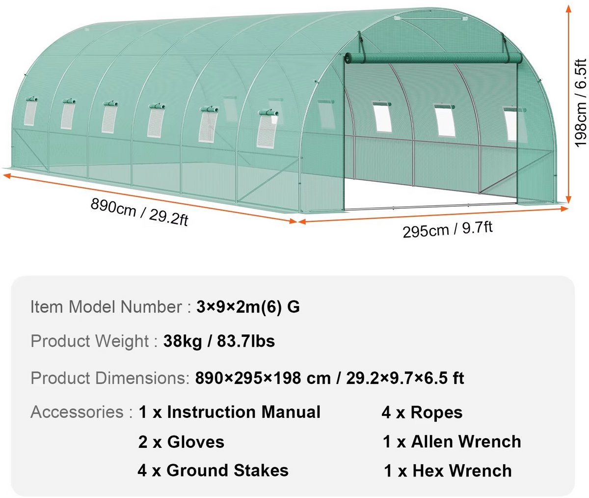Wandelbare Tunnelkas met Stalen Frame 890×295×198 cm – Grote Inloop Tuinkas met PE Afdekking, Oprolbare Ritsdeur en Ventilatieramen - Duurzame Tuin Kas - Groen