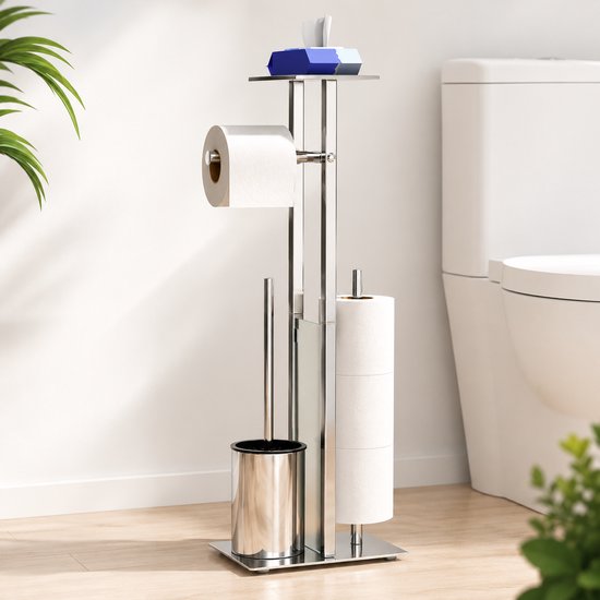 Zilverkleurige toiletrolhouder met borstel, opslag voor 3 rollen, plateau met tissues.
