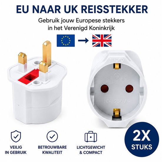 Set van 2 witte reisstekkers: EU naar UK. Compact, lichtgewicht, met 3-pins stekker.