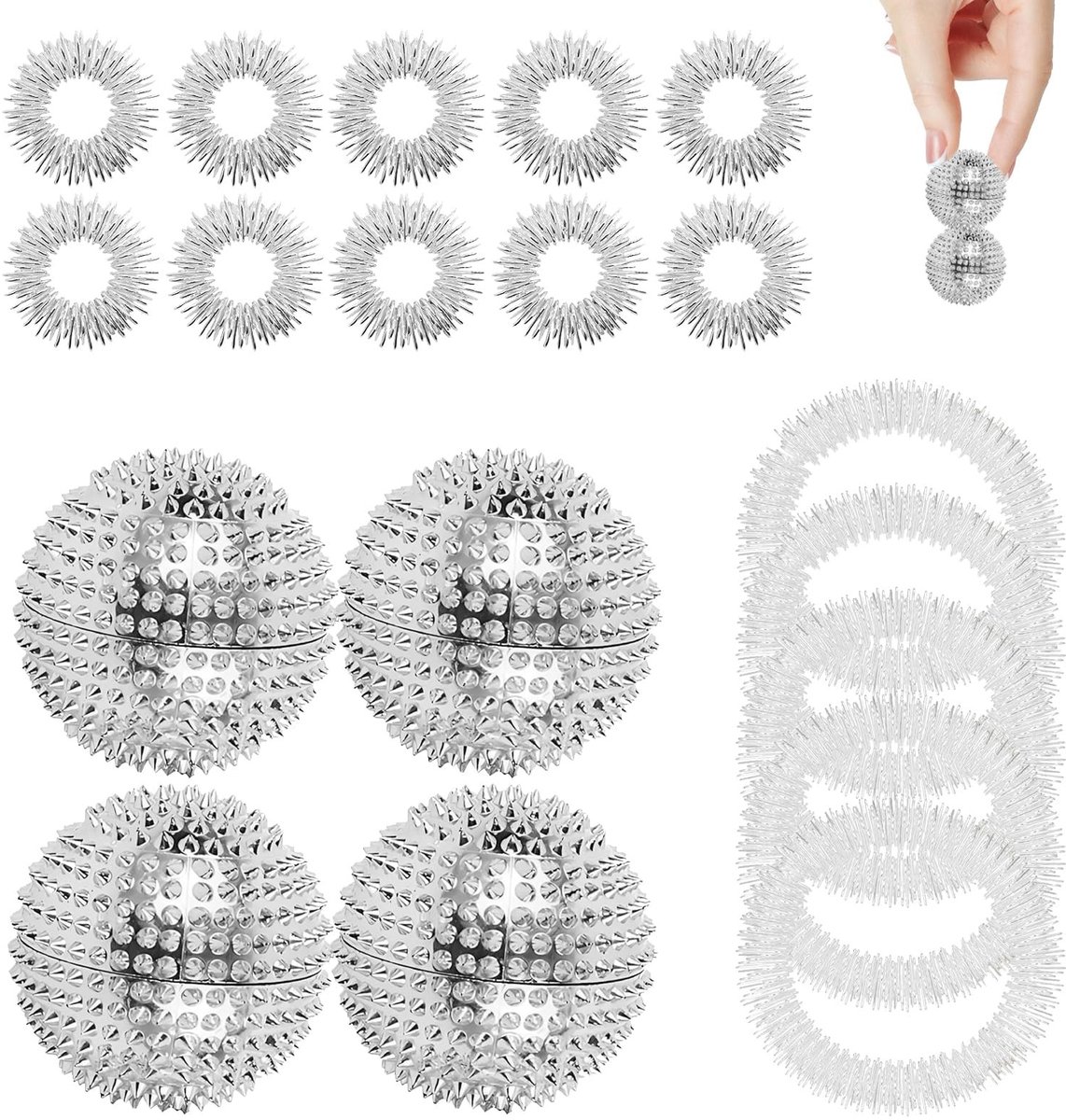 Zeynomax - Massagebalset - Stressverlichting - 4-delig - Zilver - Acupressuurballen - Perfect voor strakke spieren en ontspanning - Massagearmbanden..
