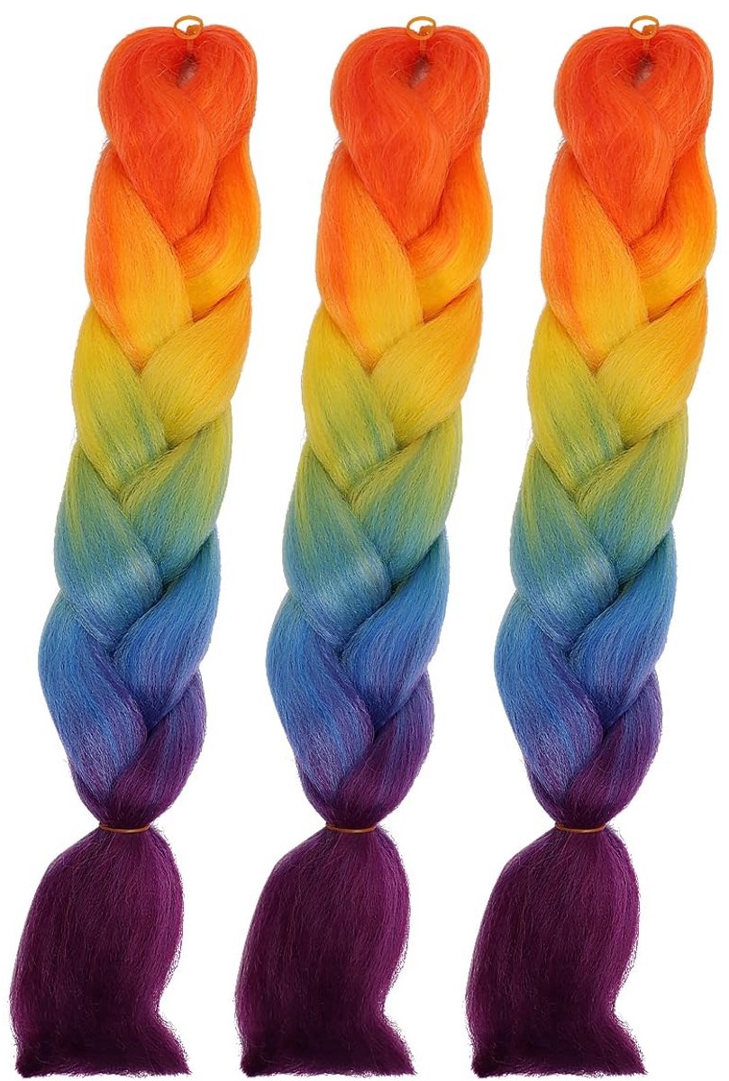 Vlemico - Jumbo vlechten - Synthetische haarextensies - 24 inch - Ombre vlecht haar - Kleur: oranje geel blauw paars rood - Geschikt voor elke gele...