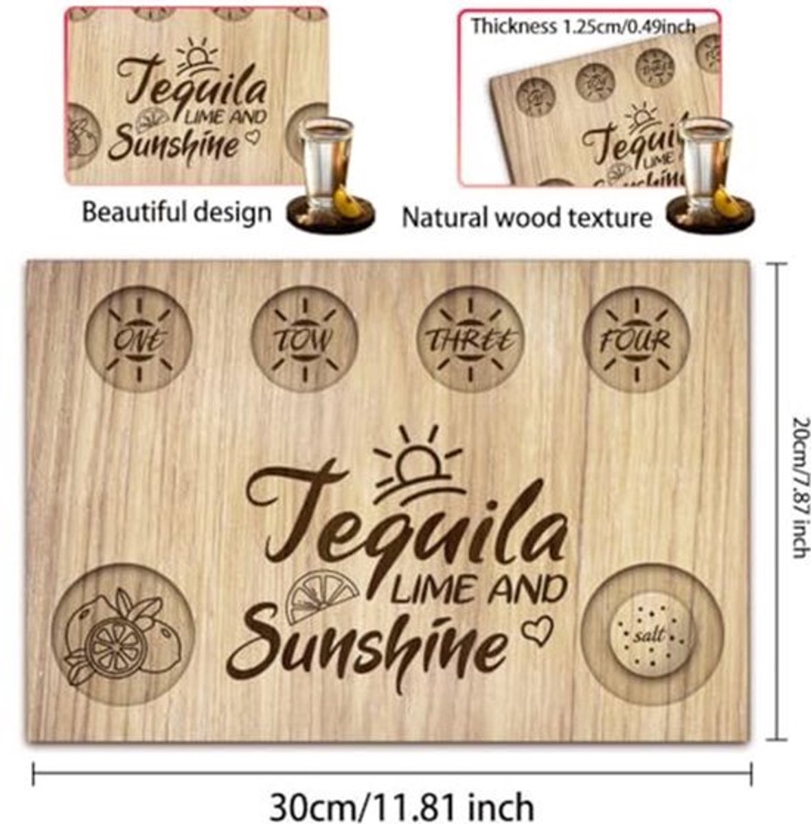 Lemon Sunshine 20x30cm Tequila Shotglazen Dienblad - Houten Glazenhouder met Zout- en Citroengat