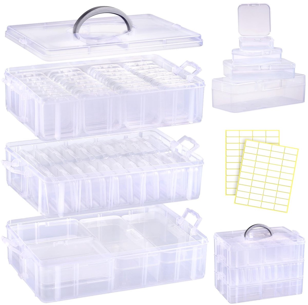 Dailygoods - Sorteerdoos - Organizerdoos voor kralen - 3 etages met handvat - Transparant - Kleine sorteerdozen - Geschikt voor sieraden - 56 comparti