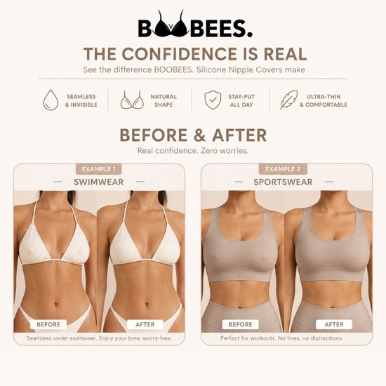 Voor en na Boobees nippelcovers: in badkleding en sportkleding.