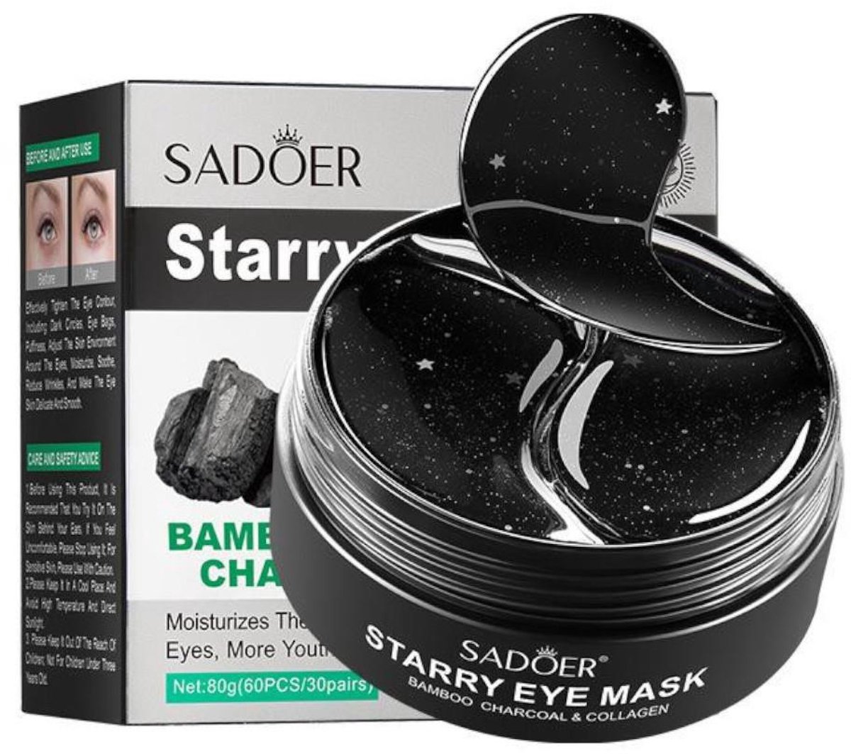 POUQUR Bamboo Charcoal Starry Eye Mask – 60 Oogpatches met Bamboe Houtskool – Hydraterende Hydrogel Oogmaskers voor Vermoeide Ogen