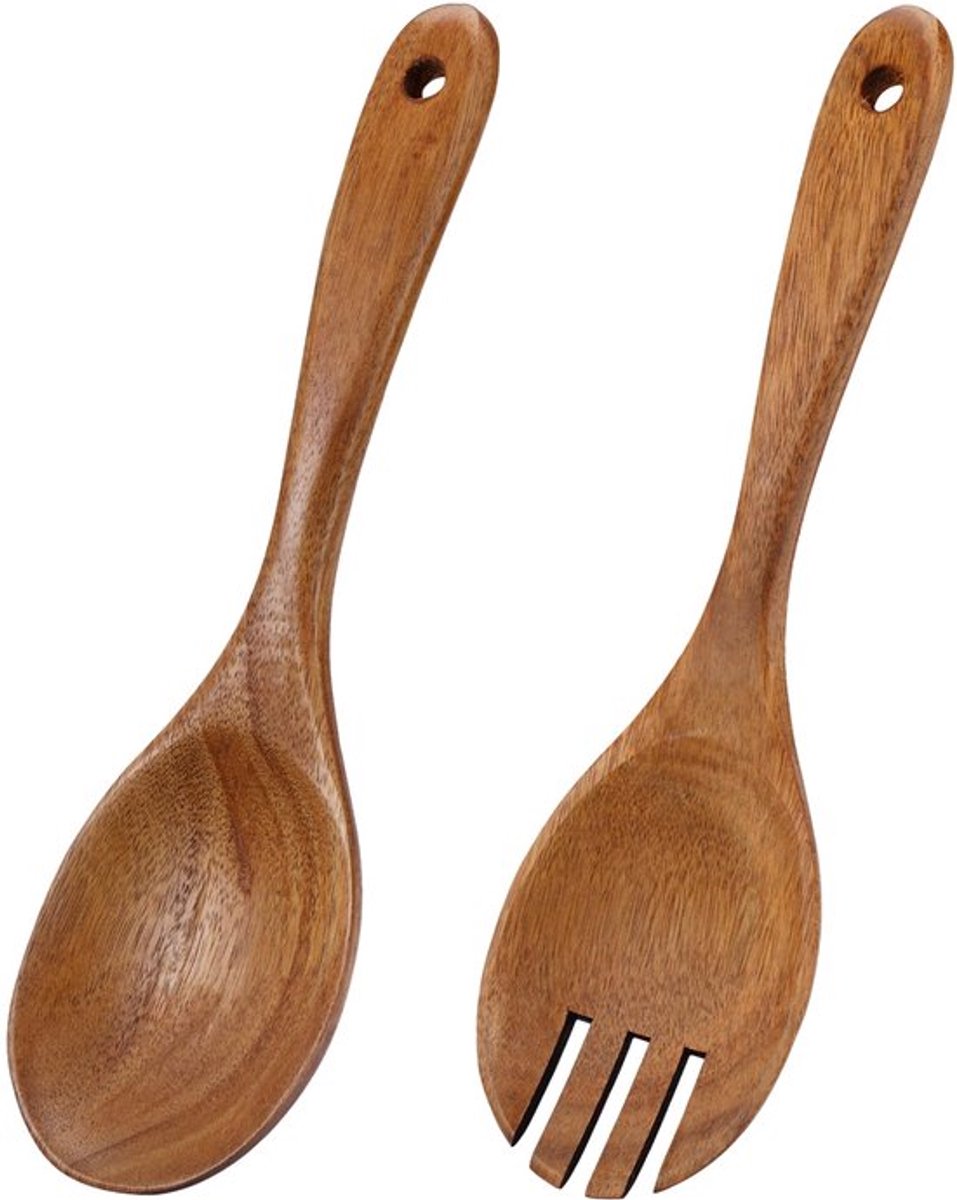 2-delige Salade Rack Houten Kooklepel Set Houten Keukenhulp Houten Spatel Pan Spatel Hout Vaatwasserbestendig Salade Vork Salade Lepel Bestek Set voor Salade Fruit