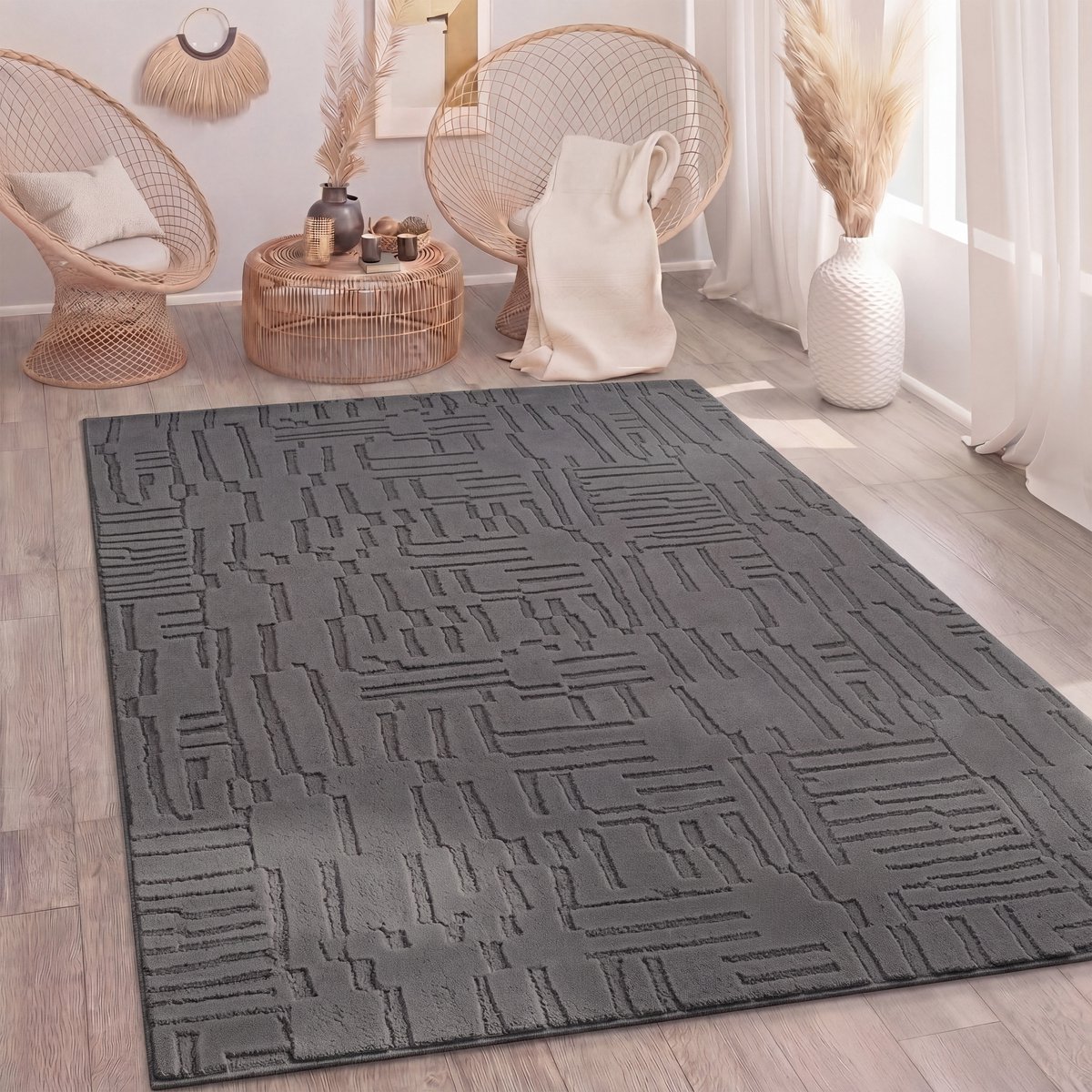 Paco Home Vloerkleed Woonkamer Hoogpolig Scandinavisch Boho Geometrisch Abstract Wasbaar Antraciet 120x160 cm